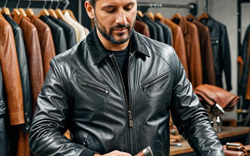 Professional leather care specialist working with leather jacket